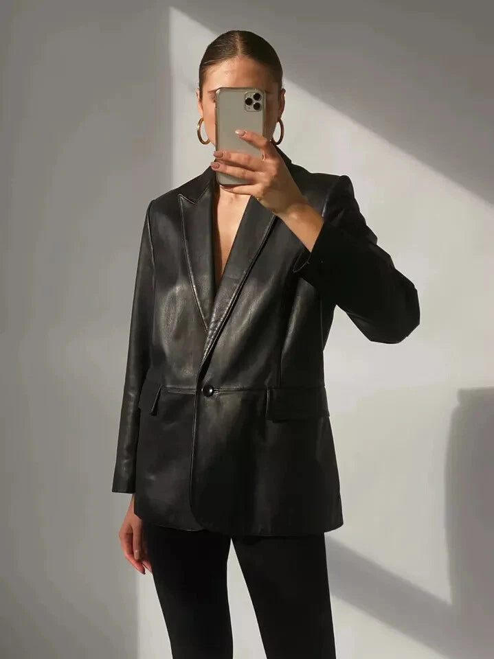 Women's Black Lambskin Original Premium Leather Blazer Jacket with Peak Lapels