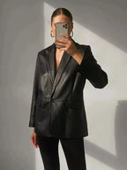 Women's Black Lambskin Original Premium Leather Blazer Jacket with Peak Lapels