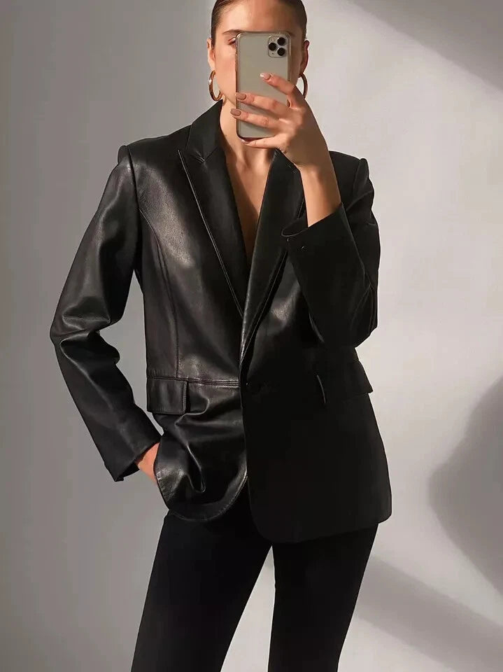 Women's Black Lambskin Original Premium Leather Blazer Jacket with Peak Lapels