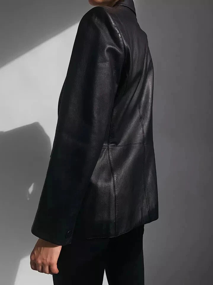 Women's Black Lambskin Original Premium Leather Blazer Jacket with Peak Lapels