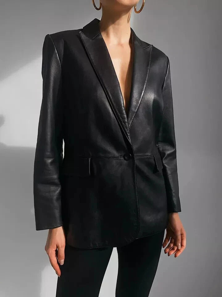 Women's Black Lambskin Original Premium Leather Blazer Jacket with Peak Lapels