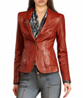 Women's Brown Lambskin Original Premium Leather Single-Button Blazer Jacket