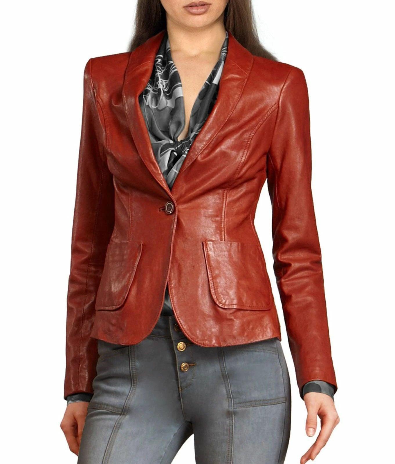 Women's Brown Lambskin Original Premium Leather Single-Button Blazer Jacket