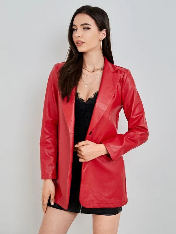 Women's Red Lambskin Leather Premium Original Longline Single-Button Blazer Jacket