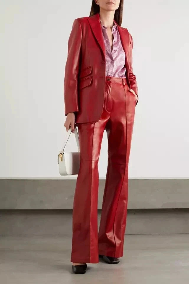 Women's Red Premium Lambskin Original Leather Two-Button Blazer Jacket with Gold Hardware