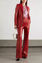 Women's Red Premium Lambskin Original Leather Two-Button Blazer Jacket with Gold Hardware