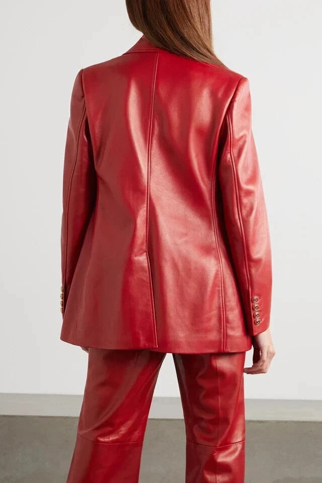 Women's Red Premium Lambskin Original Leather Two-Button Blazer Jacket with Gold Hardware