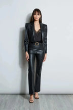 Women's Black Lambskin Leather Original Premium Cropped Open-Front Blazer Jacket