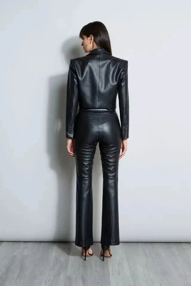 Women's Black Lambskin Leather Original Premium Cropped Open-Front Blazer Jacket