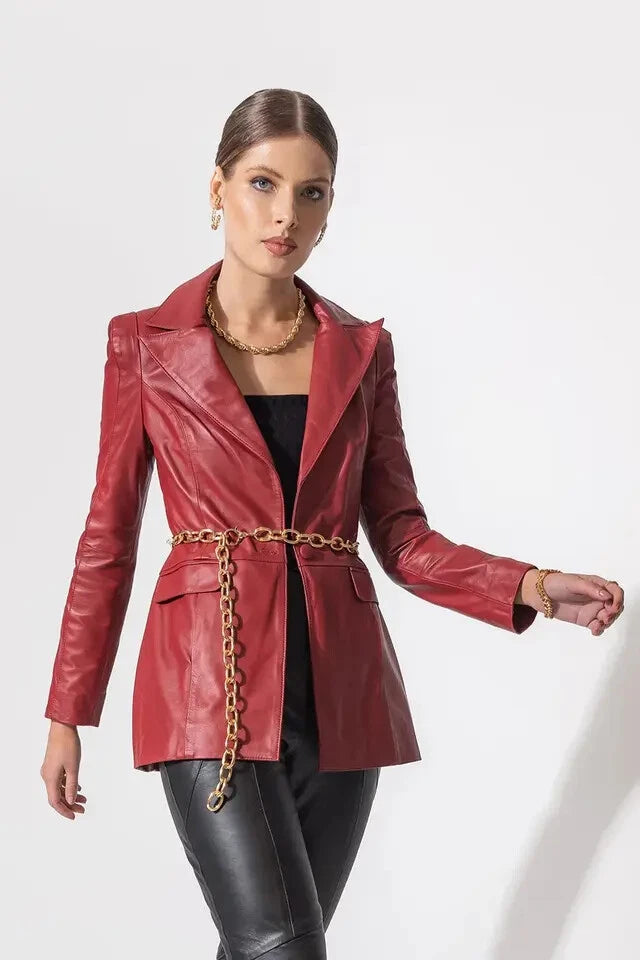 Women's Deep Red Lambskin Leather Premium Original Open-Front Blazer