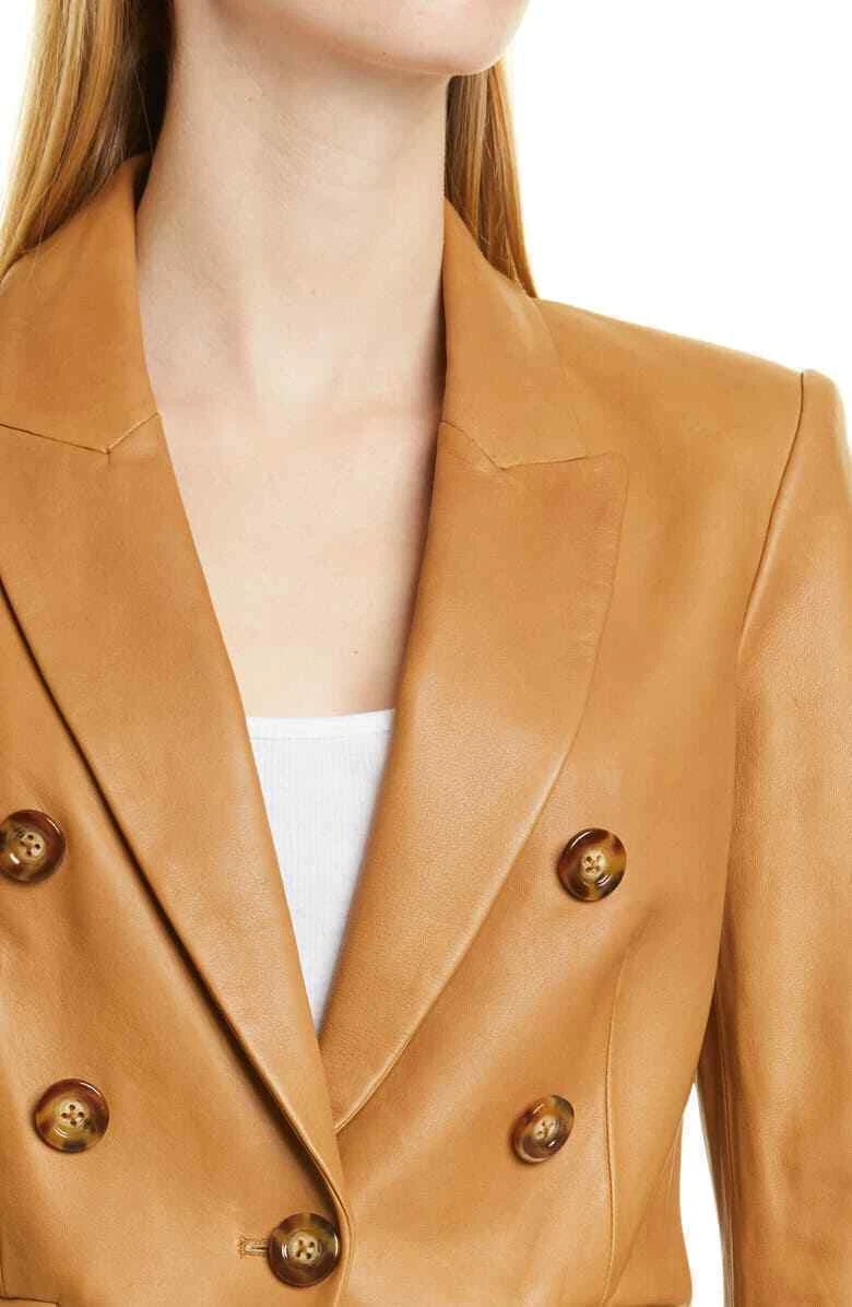 Women's TAN Lambskin Original Premium Leather Double-Breasted Cropped Blazer Jacket