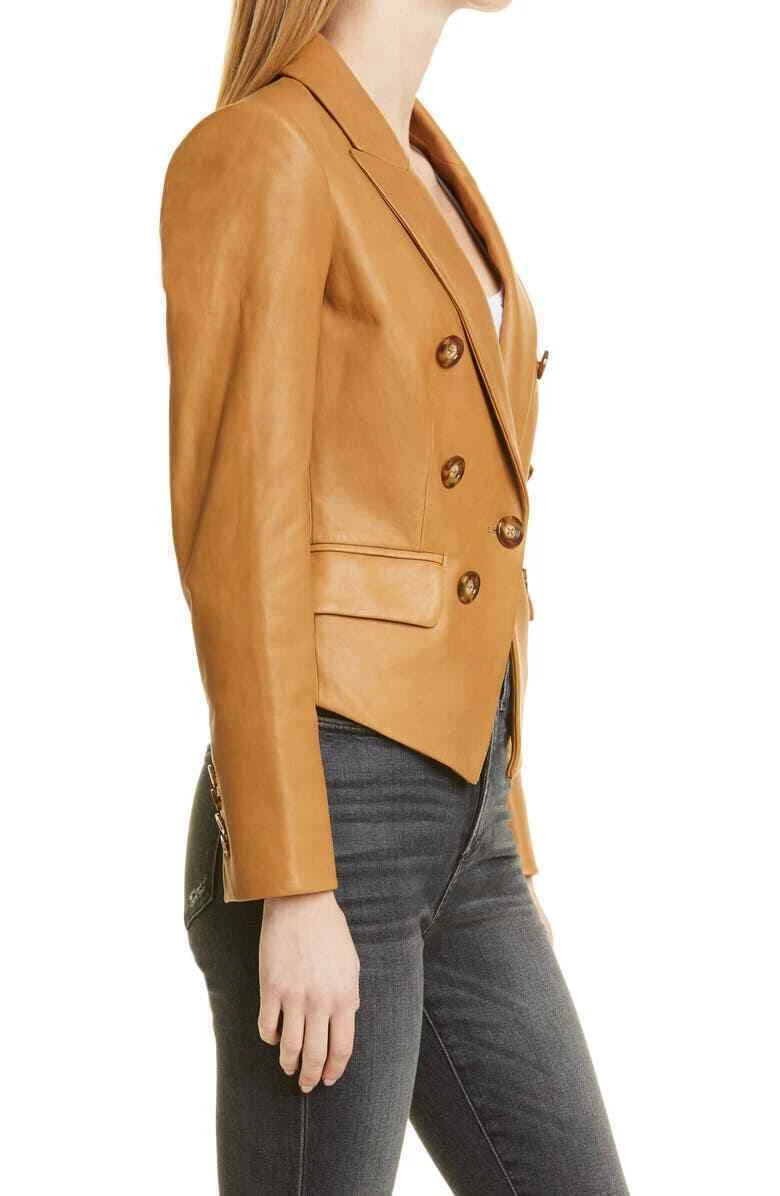 Women's TAN Lambskin Original Premium Leather Double-Breasted Cropped Blazer Jacket
