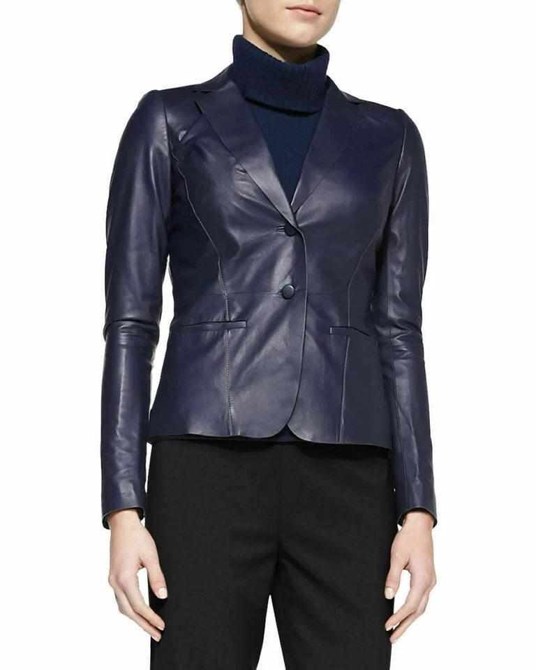 Women's Navy Blue Lambskin Original Premium Leather Two-Button Fitted Blazer Jacket