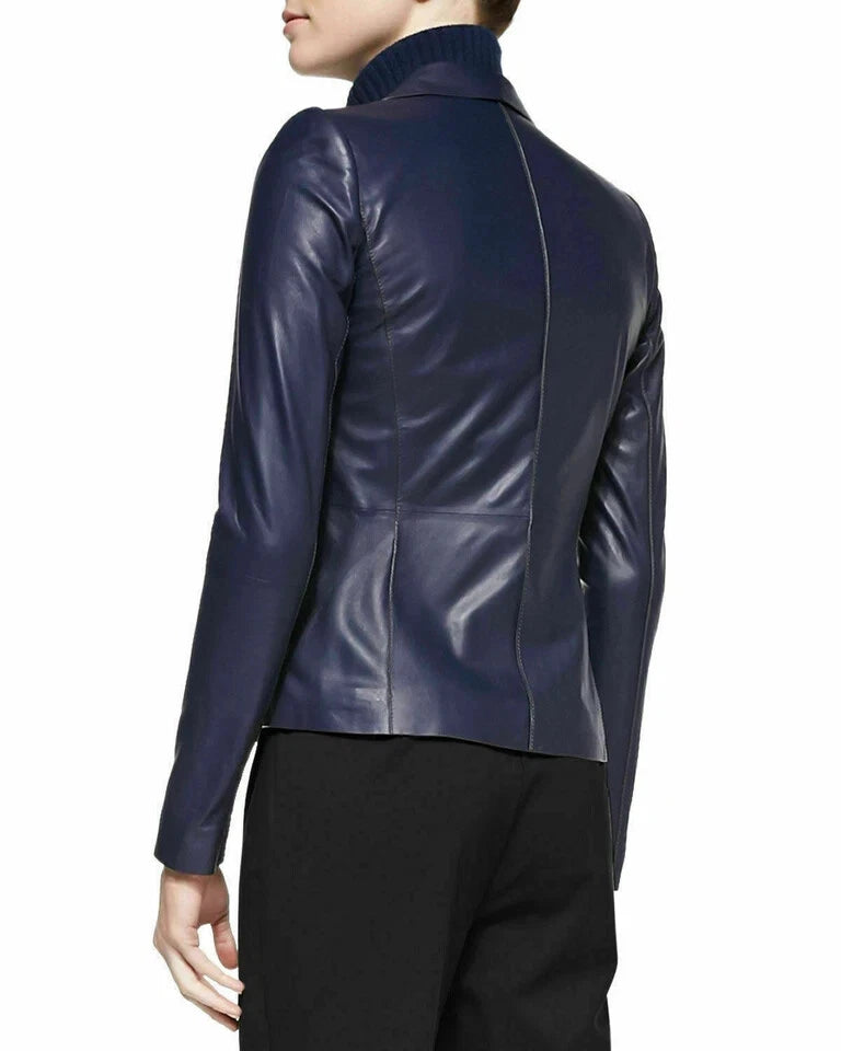 Women's Navy Blue Lambskin Original Premium Leather Two-Button Fitted Blazer Jacket