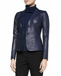 Women's Navy Blue Lambskin Original Premium Leather Two-Button Fitted Blazer Jacket