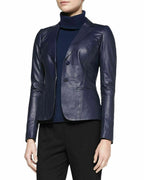 Women's Navy Blue Lambskin Original Premium Leather Two-Button Fitted Blazer Jacket