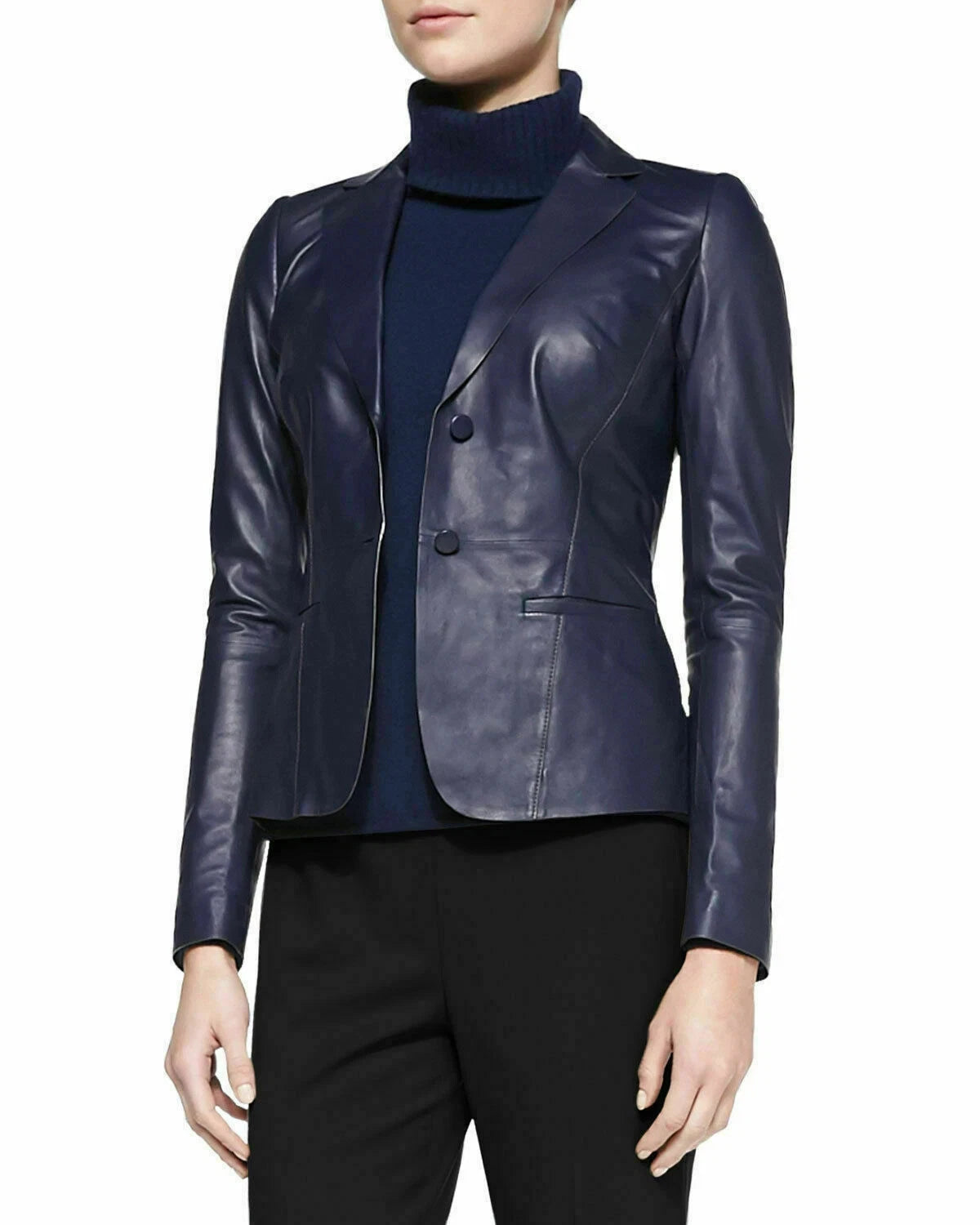 Women's Navy Blue Lambskin Original Premium Leather Two-Button Fitted Blazer Jacket