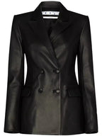 Women's Black Lambskin Original Premium Leather Double-Breasted Fitted Blazer Jacket