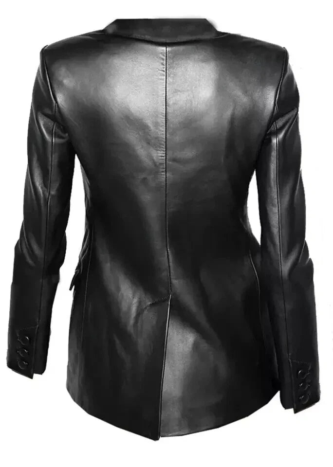 Women's Black Lambskin Original Premium Leather Double-Breasted Fitted Blazer Jacket