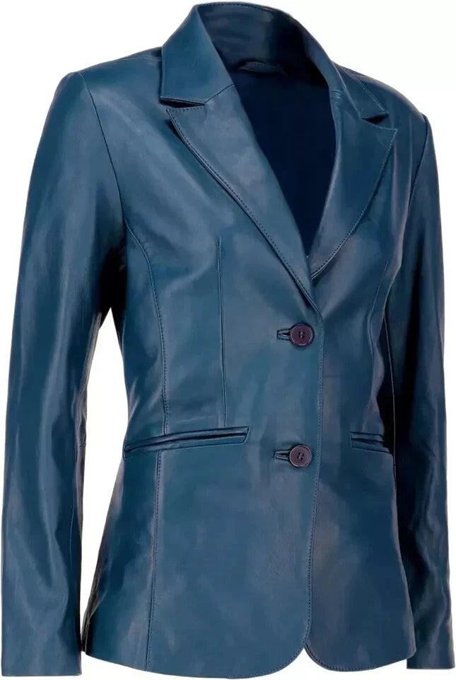 Women's Blue Lambskin Original Premium Leather Two-Button Blazer Jacket