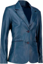Women's Blue Lambskin Original Premium Leather Two-Button Blazer Jacket