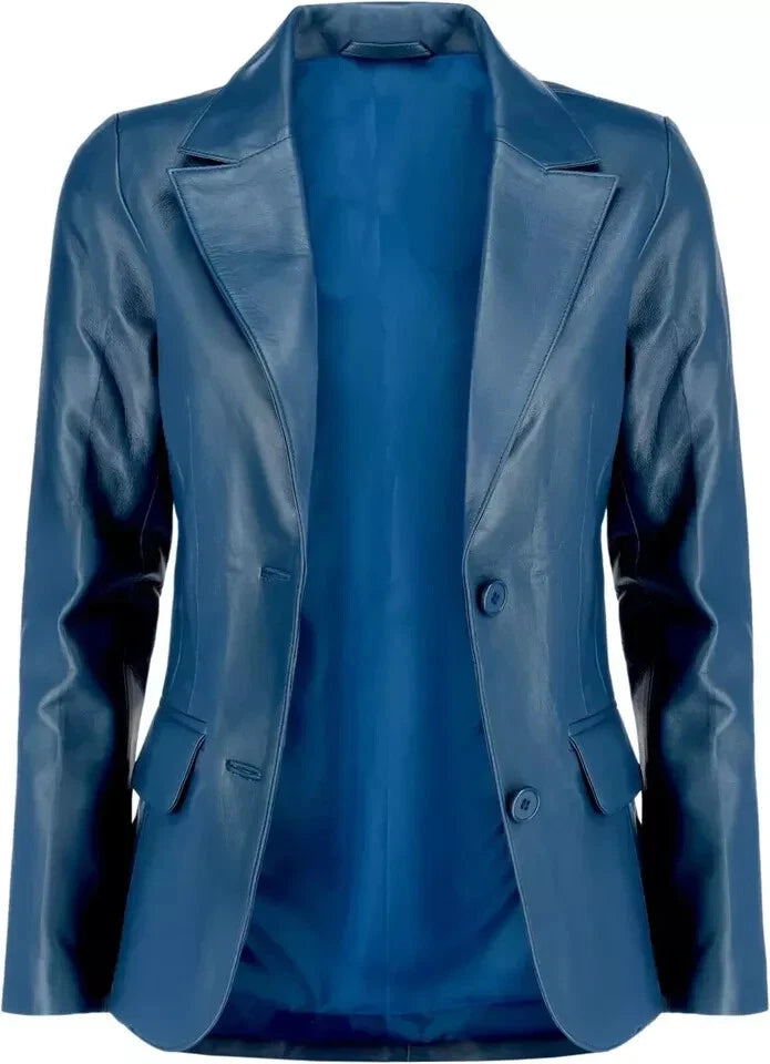 Women's Blue Lambskin Original Premium Leather Two-Button Blazer Jacket
