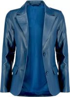 Women's Blue Lambskin Original Premium Leather Two-Button Blazer Jacket