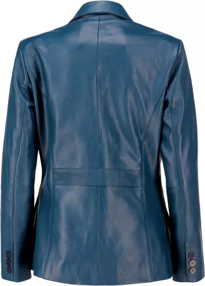 Women's Blue Lambskin Original Premium Leather Two-Button Blazer Jacket