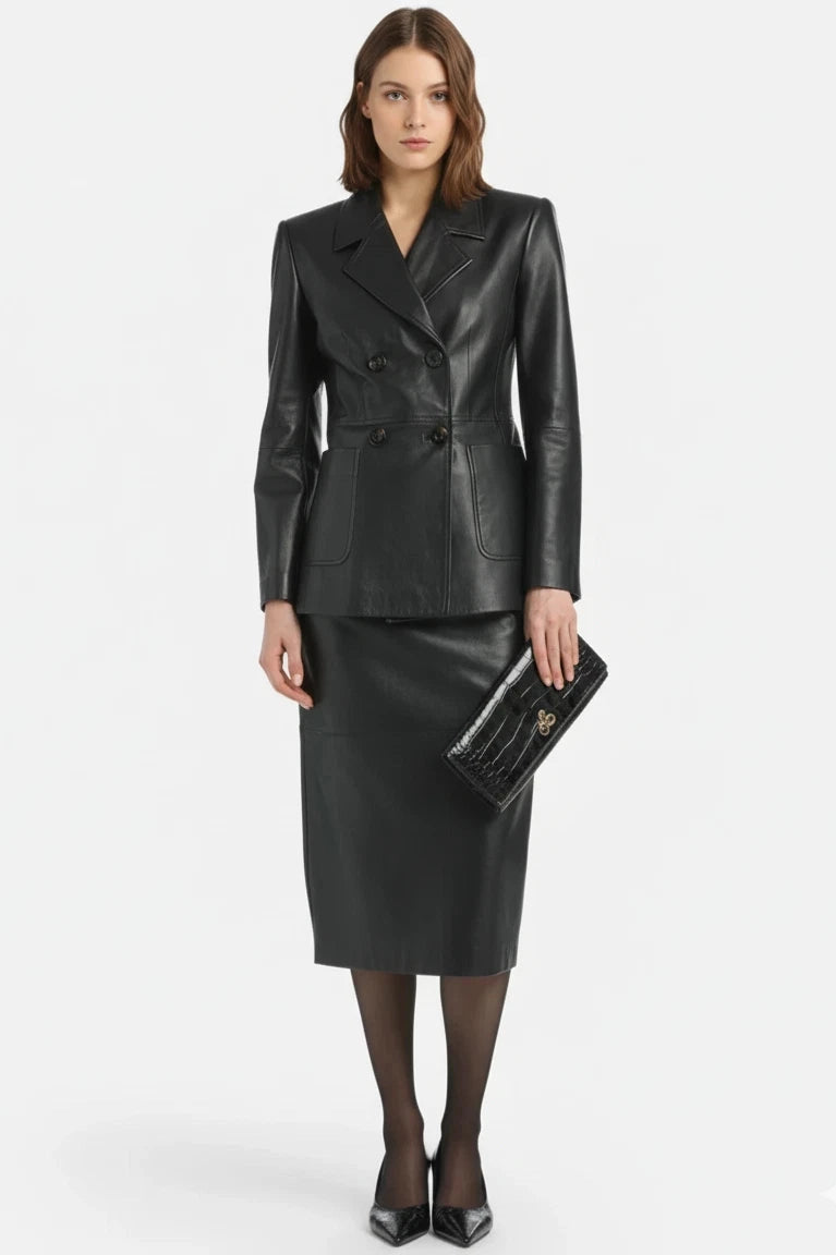 Women's Black Premium Original Leather Blazer & Skirt Co-ord Set