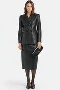 Women's Black Premium Original Leather Blazer & Skirt Co-ord Set