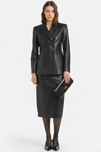 Women's Black Premium Original Leather Blazer & Skirt Co-ord Set