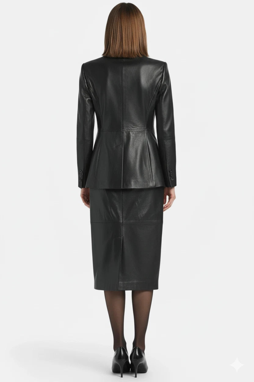 Women's Black Premium Original Leather Blazer & Skirt Co-ord Set