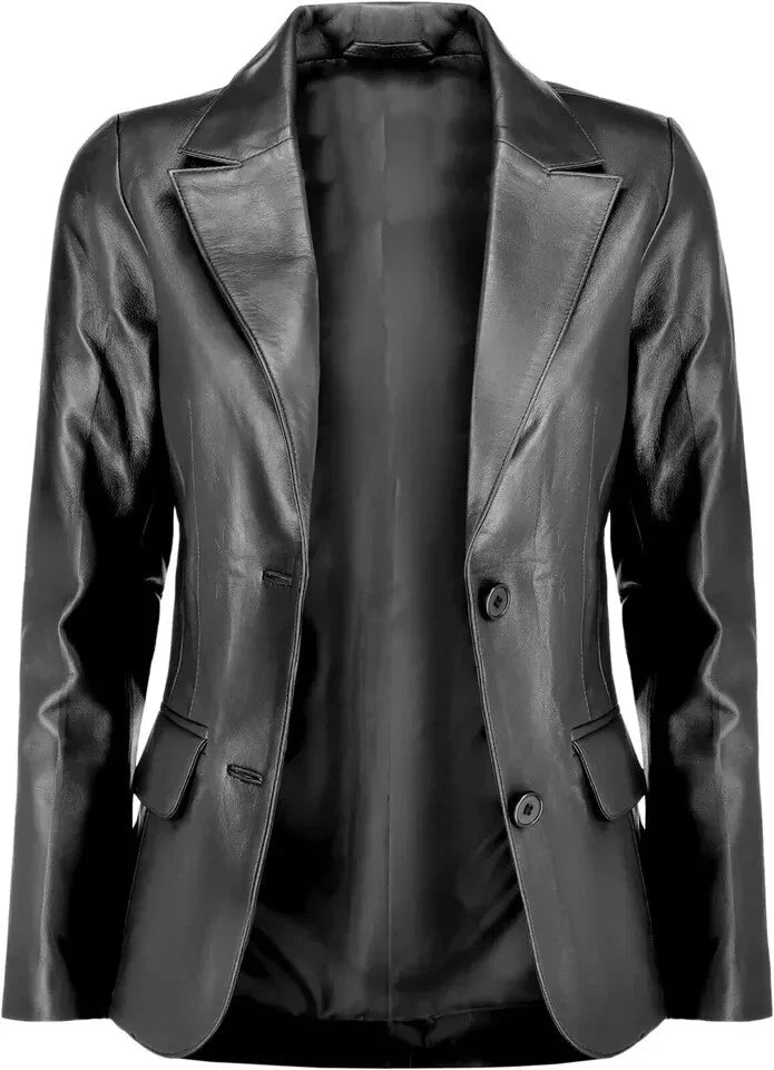 Women's Black Lambskin Premium Original Leather Blazer – Two Button Tailored Fit