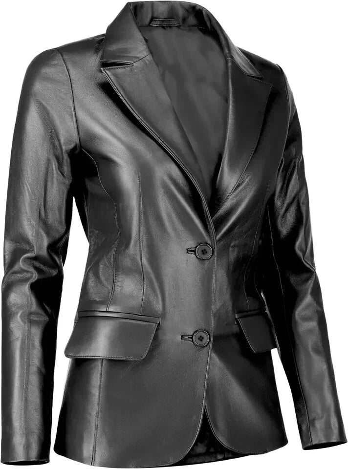 Women's Black Lambskin Premium Original Leather Blazer – Two Button Tailored Fit