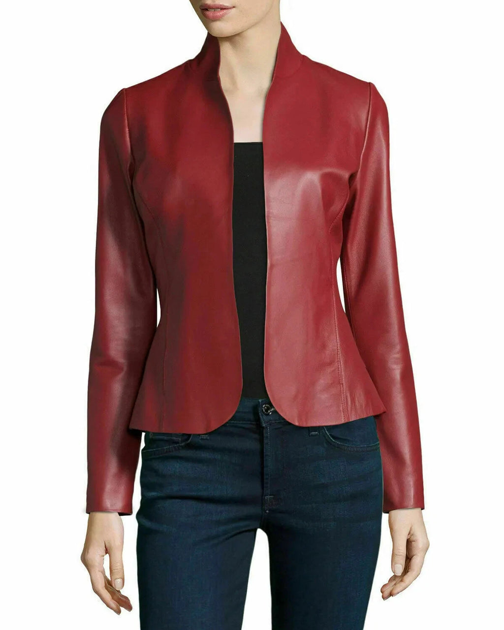 Women's Red Lambskin Original Premium Leather Open Front Blazer
