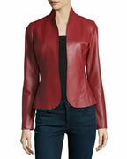 Women's Red Lambskin Original Premium Leather Open Front Blazer