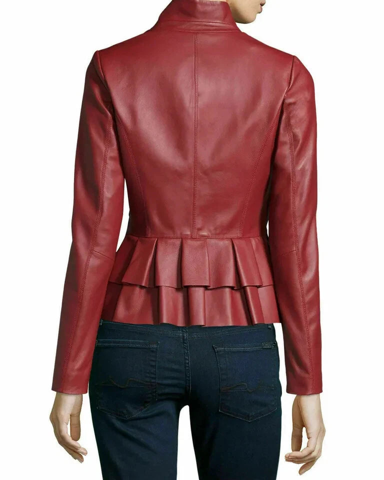 Women's Red Lambskin Original Premium Leather Open Front Blazer