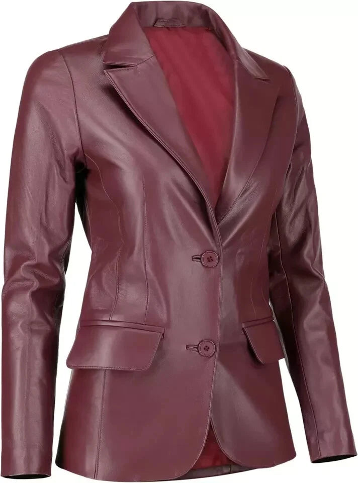 Women's Burgundy Lambskin Premium Original Leather Blazer – Two Button Tailored Fit