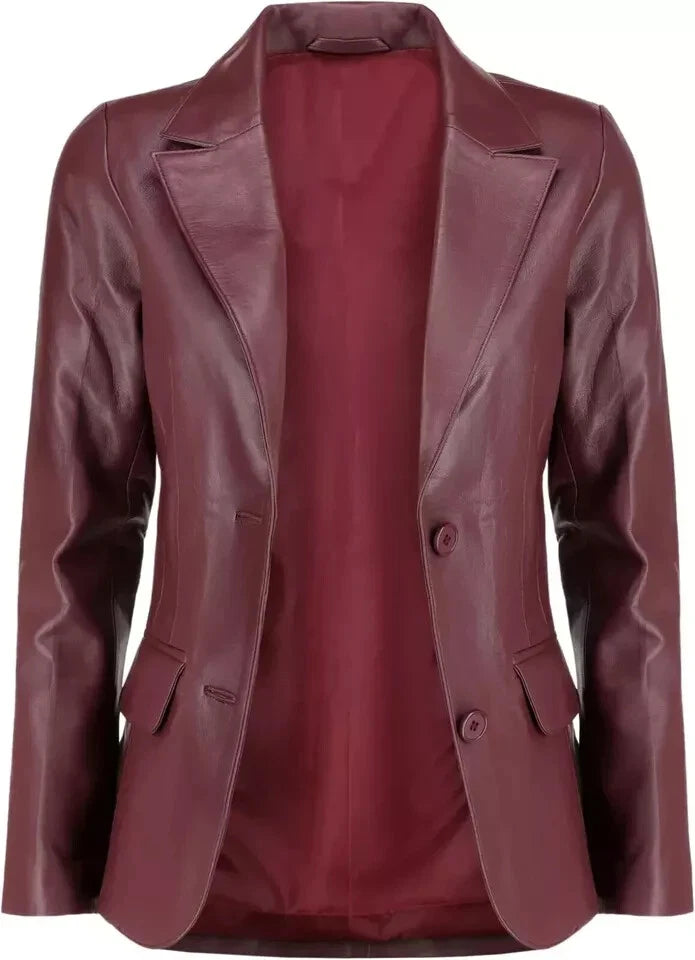 Women's Burgundy Lambskin Premium Original Leather Blazer – Two Button Tailored Fit