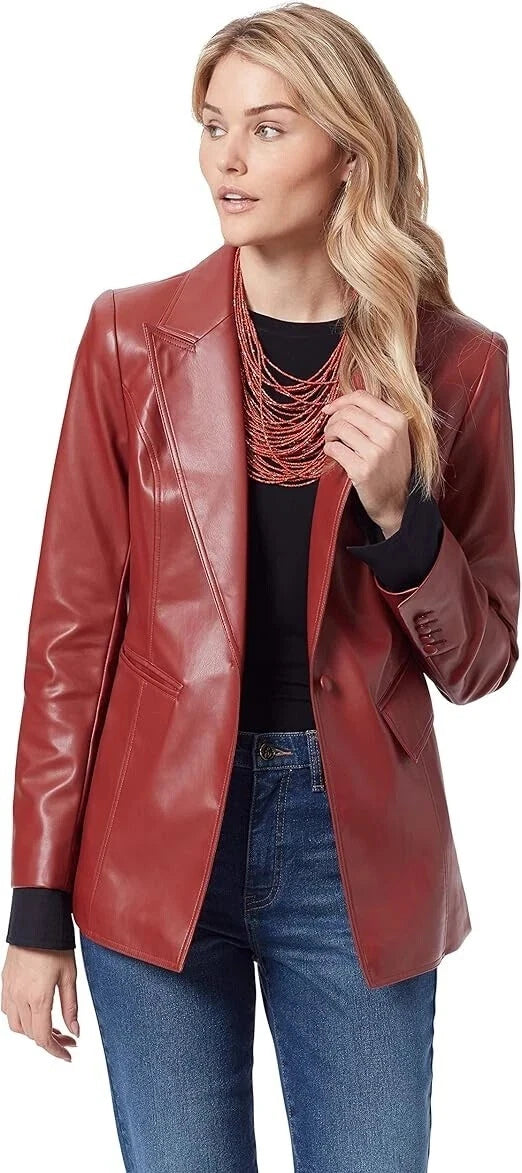 Women's Red Lambskin Premium Original Leather Blazer – One Button Western Stitch