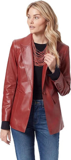 Women's Red Lambskin Premium Original Leather Blazer – One Button Western Stitch
