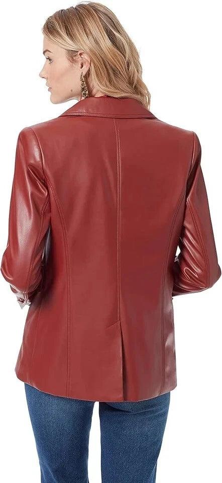 Women's Red Lambskin Premium Original Leather Blazer – One Button Western Stitch