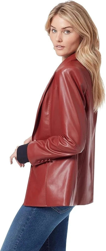 Women's Red Lambskin Premium Original Leather Blazer – One Button Western Stitch