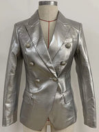 Women's Silver Metallic Premium Original Leather Blazer – Double Breasted Lion Button