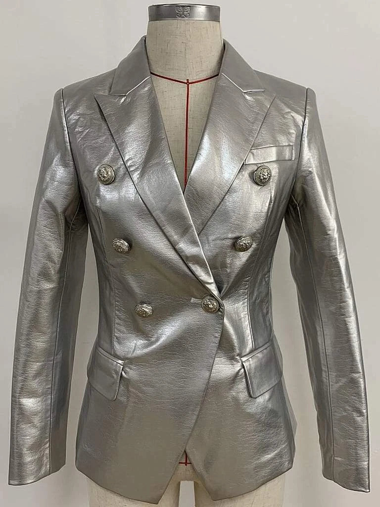 Women's Silver Metallic Premium Original Leather Blazer – Double Breasted Lion Button