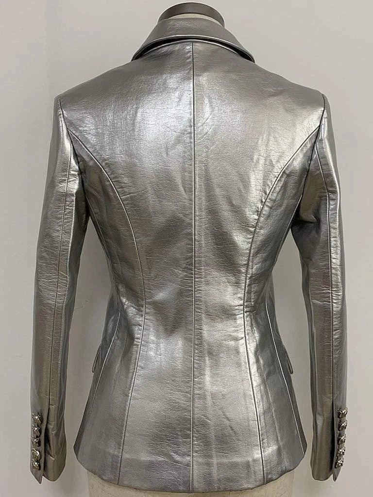 Women's Silver Metallic Premium Original Leather Blazer – Double Breasted Lion Button