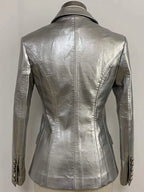 Women's Silver Metallic Premium Original Leather Blazer – Double Breasted Lion Button