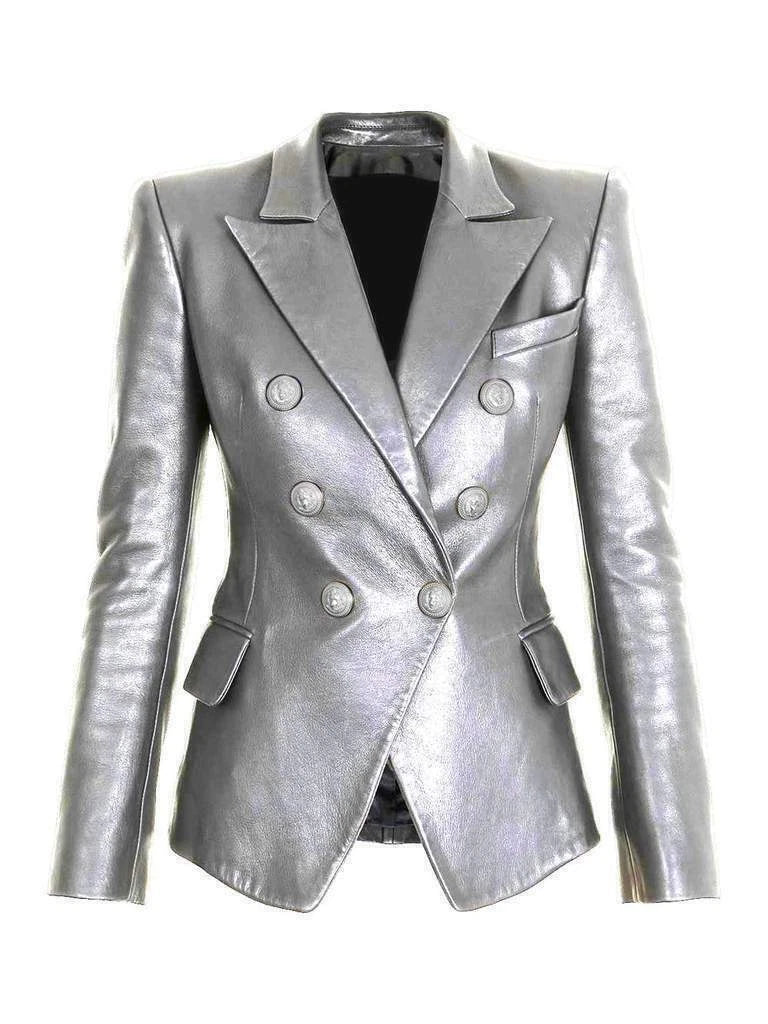 Women's Silver Metallic Premium Original Leather Blazer – Double Breasted Lion Button