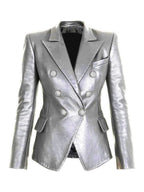 Women's Silver Metallic Premium Original Leather Blazer – Double Breasted Lion Button
