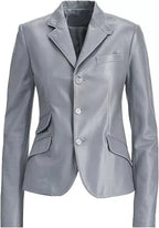 Women's Steel Grey Lambskin Premium Original Leather Blazer – Three Button Contrast Stitch